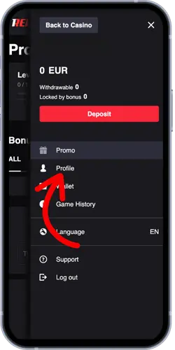 1Red Casino menu met Wallet en Game History